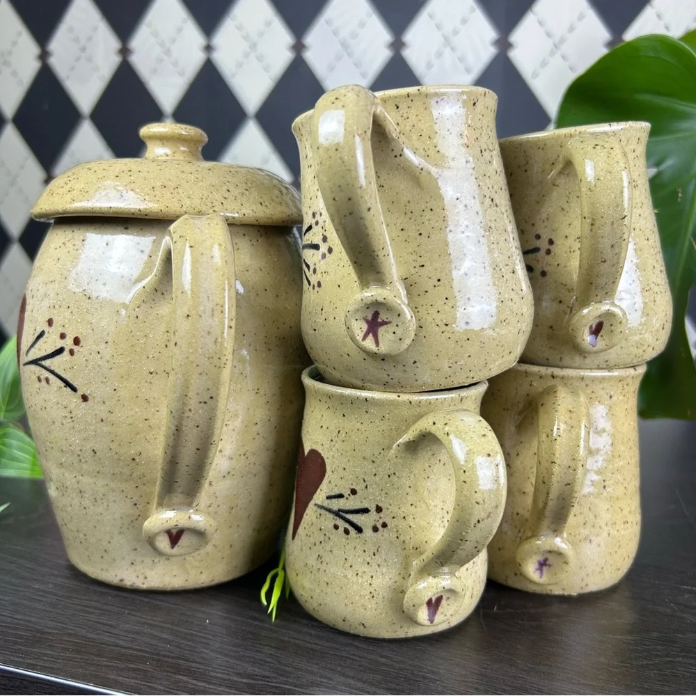 Studio Pottery Tea Set Stoneware Teapot and Four Mugs Heart Star Motif Primitive